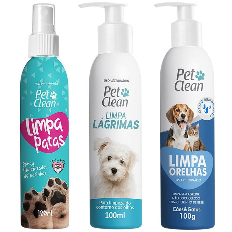 Kit Limpa Lagrimas + Limpa Orelha + Limpa Patas para Cães e Gato Pet Clean - aumigodepatas